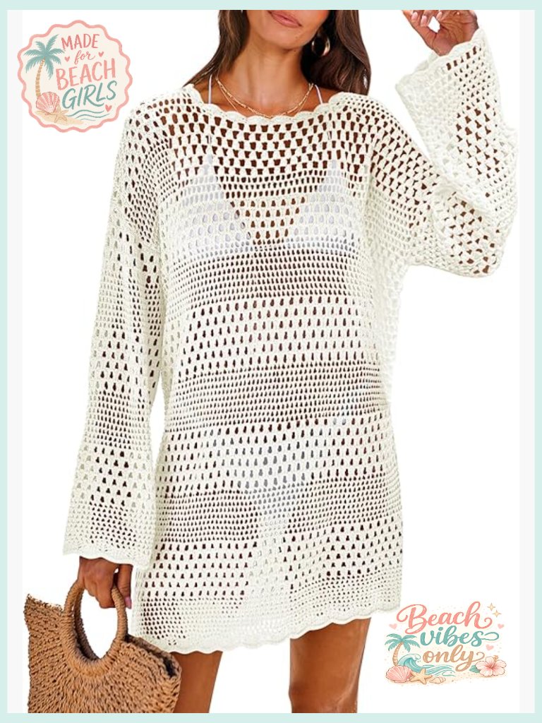Crochet Knit Swim Cover Up Beach Dress Long Sleeve Sheer Mini Vacation Outfit